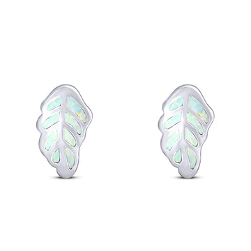 Leaf Stud Earring Created White Opal Solid 925 Sterling Silver (10mm)